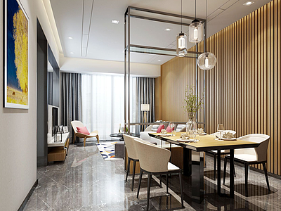 3d简朴简约中式餐厅客厅模型