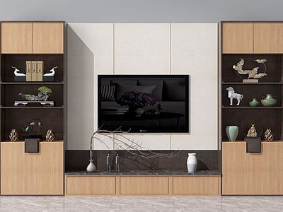 3d新中式电视背景墙电视柜模型