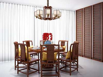 3d新中式餐桌椅吊灯组合模型