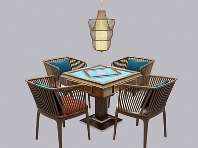 3d新中式实木桌休闲桌椅吊灯模型