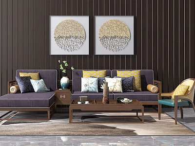 3d新中式沙发茶几装饰画组合模型