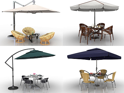 现代户外遮阳伞桌椅组合模型