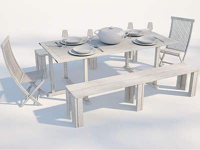 3d现代户外长凳餐桌模型