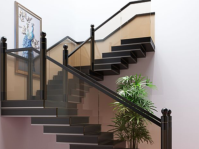 现代玻璃楼梯护栏阁楼楼梯模型