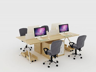 3d原木色现代屏风职员桌模型