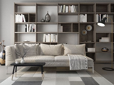 3d布艺舒适沙发书柜组合模型