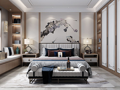 3d中式风格的卧室模型