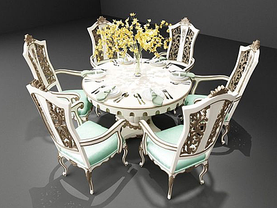 欧式圆餐桌椅子组合模型