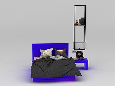 3d蓝色床床头柜组合免费模型