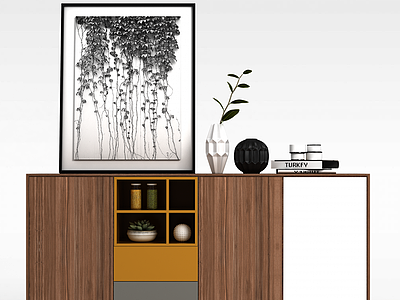 3d现代实木装饰柜挂画组合模型