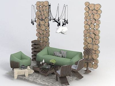 3d客厅木桩墙沙发椅子组合模型