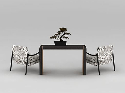 中式单人沙发松树盆栽组合模型3d模型