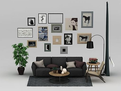 3d现代客厅沙发照片墙组合模型