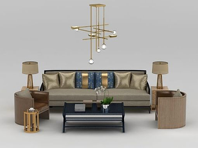 新中式沙发茶几创意吊灯组合模型3d模型