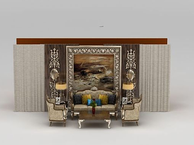 3d欧式雕花沙发茶几组合模型