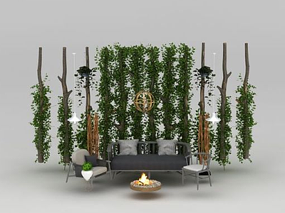 3d新中式沙发茶几植物墙组合模型
