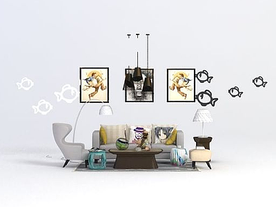 现代创意沙发墙饰品组合模型3d模型