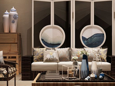 新中式客厅沙发椅茶几组合模型3d模型