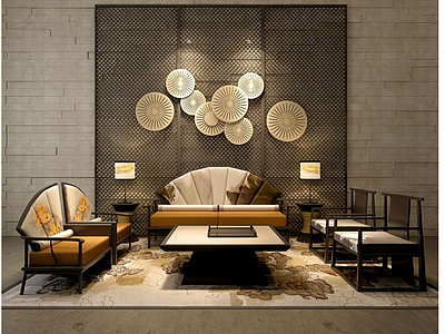 3d中式扇型沙发墙饰品模型