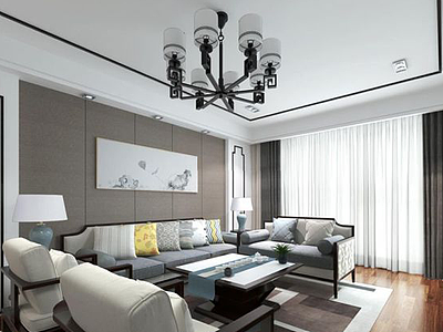 中式客厅吊灯沙发组合模型3d模型