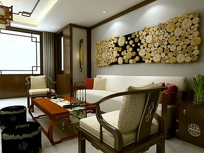 3d中式沙发茶几墙饰品组合模型