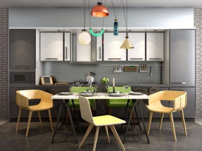 3d简约木制开放式厨房餐桌椅模型