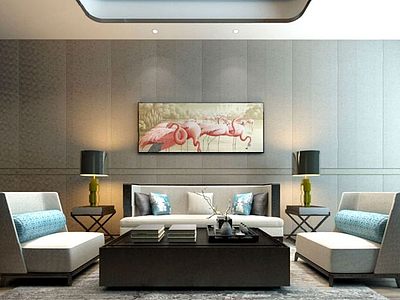 新中式沙发茶几台灯组合模型3d模型