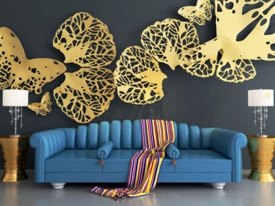 3d蓝色沙发镂空蝴蝶墙饰品组合模型