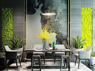 3d现代餐桌椅植物墙组合模型