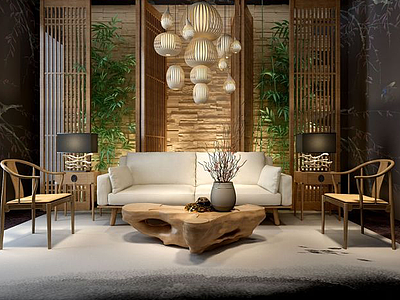3d中式木头茶几沙发组合模型