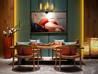 新中式餐厅桌椅干枝花艺组合模型3d模型