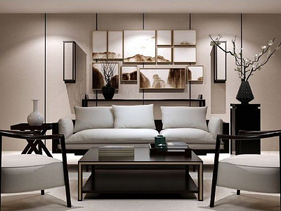 3d低奢中式客厅沙发椅子组合模型