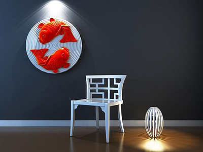 中式椅子金鱼墙饰组合模型3d模型