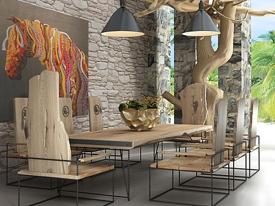 3d原木桌椅创意吊灯组合模型