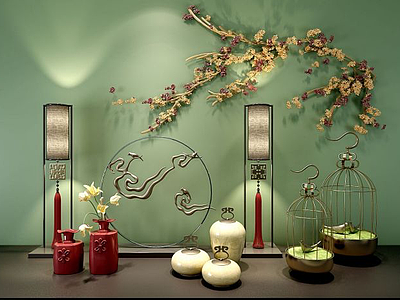 中式花艺摆件墙饰品模型