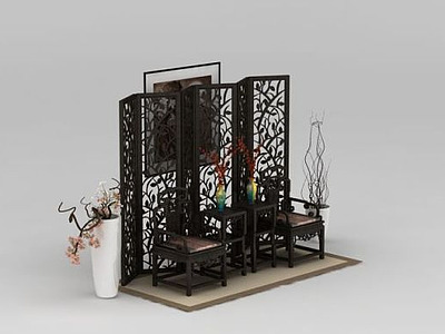 传统中式椅子花格隔断组合模型3d模型