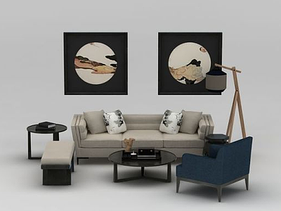 新中式客厅沙发茶几组合模型3d模型