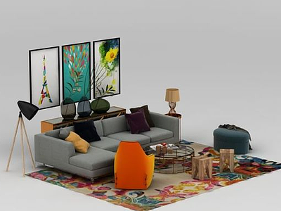 3d简约现代客厅沙发茶几组合模型