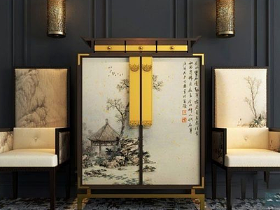 中式古典椅子边柜组合3d模型
