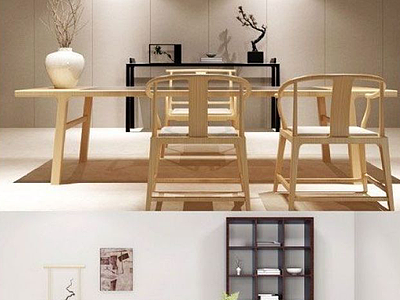 3d新中式原木桌椅组合模型