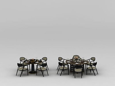 3d新中式餐桌椅餐具组合模型