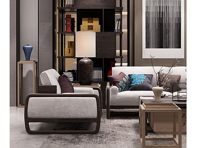 3d新中式沙发椅子装饰品组合模型