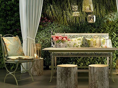 3d欧式庭院桌椅植物装饰墙模型
