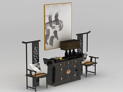 3d新中式柜子椅子佛雕塑组合模型