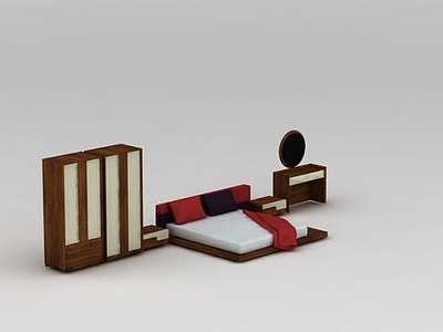 3d卧室实木床柜组合免费模型