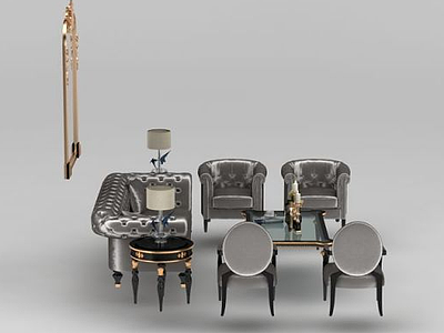 3d新古典银色沙发茶几组合模型