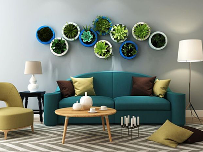 3d北欧沙发茶几植物盆栽墙组合模型