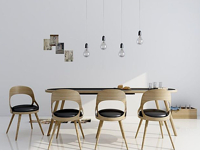 3d现代餐桌椅灯泡吊灯组合模型