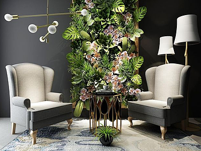 3d现代沙发茶几植物墙组合模型