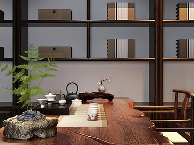 中式古典书桌椅陈设品组合3d模型
